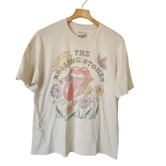 AE Band Tee American Eagle Rolling Stones Graphic Cream Floral Retro Casual Boho - Picture 2 of 8